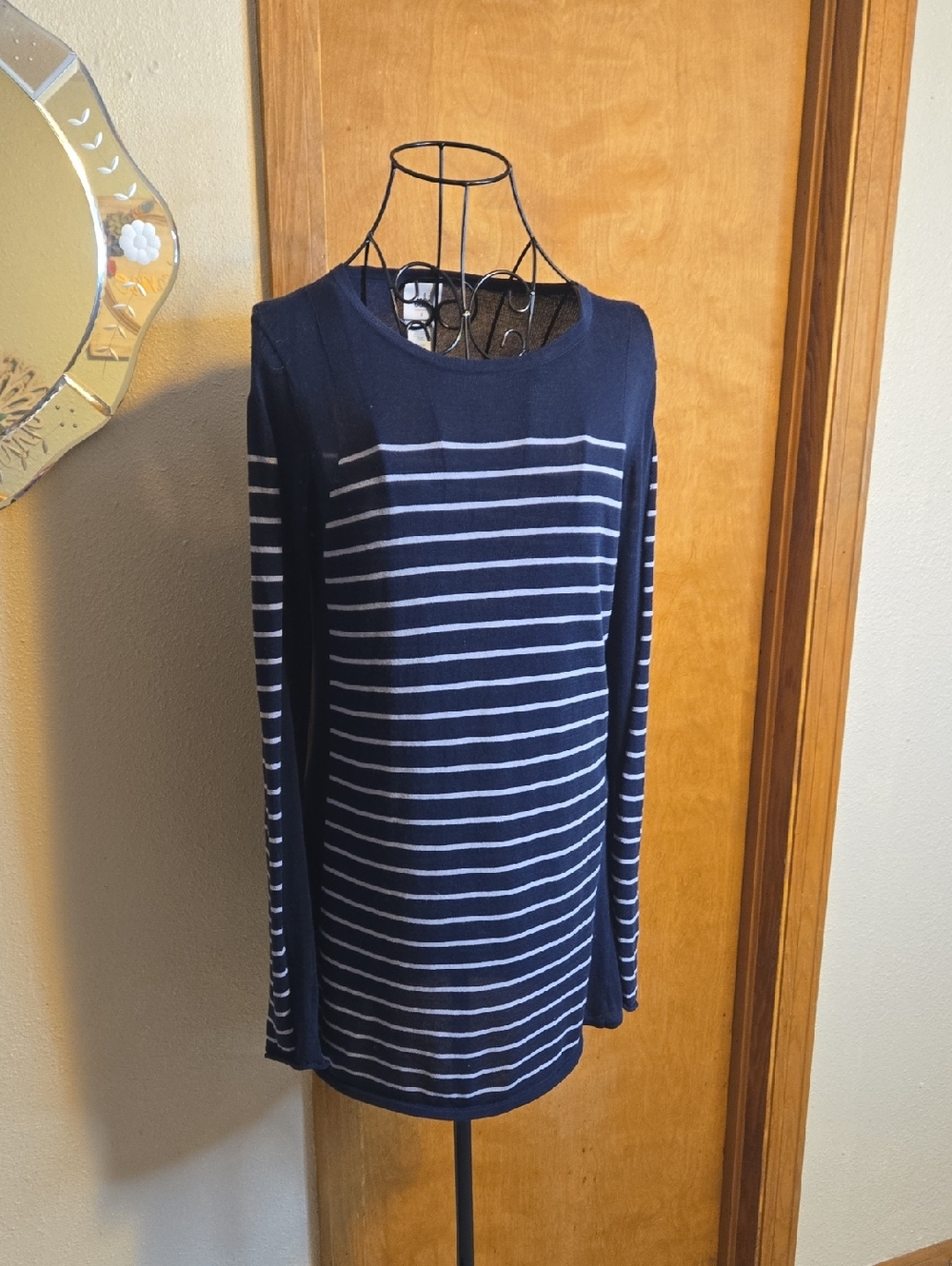 CAbi Navy and White Striped Long Sleeve Top